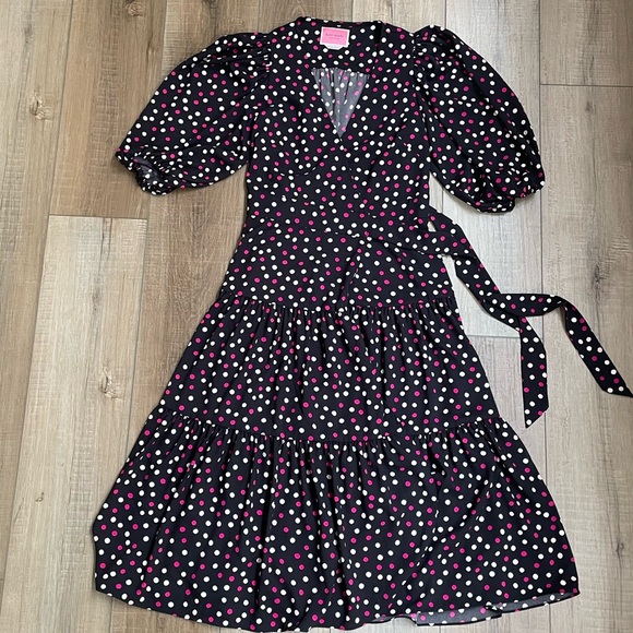 Kate Spade Glimmer Polka Dot Midi Wrap Dress Sz XS / 2 - Black Pink Flowy Preppy - Picture 13 of 13